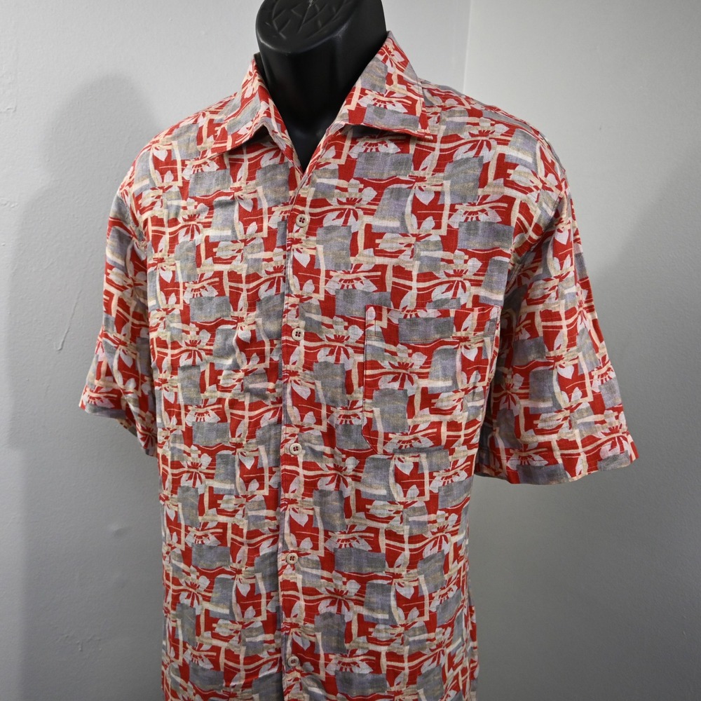 Zegna Sport Button Up Mens XL Red Floral 100% Linen Short Sleeve ITALY MADE